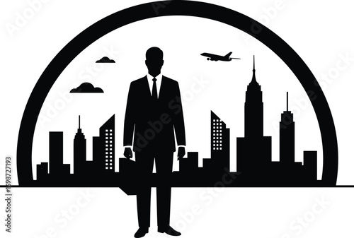 Silhouette of a businessman standing in front of a cityscape with a briefcase, an airplane, and skyscrapers, representing urban professional life