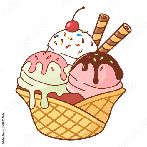 Colorful Ice Cream Sundae in Waffle Bowl with Cherry