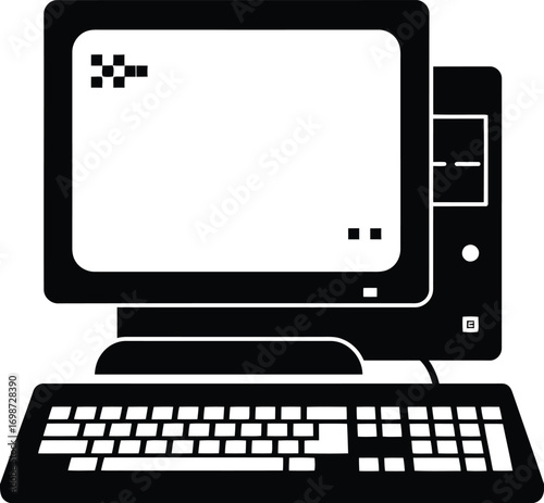 classic computer setup with monitor keyboard on transparent background silhouette