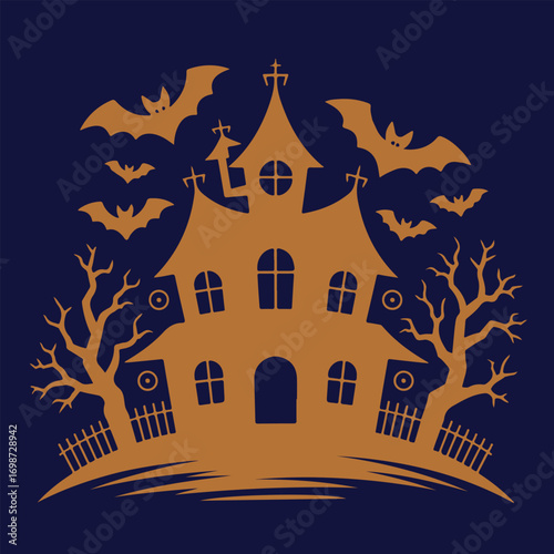 Eerie Haunted House Silhouette with Flying Bats and Spooky Bare Trees for Halloween Night Celebration Vector Illustration