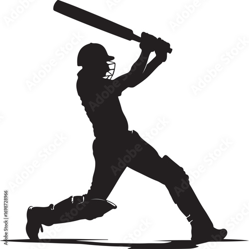 Silhouette of a male cricket batsman swinging a bat on a white background Keywords: cricket, batsman, silhouette, sport, game, player, bat, swing, action, athletic, equipment, helmet, pads, stumps