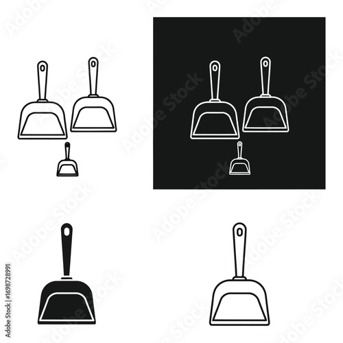 Four clean dustpan icons silhouette line art set household cleaning tool graphics vector