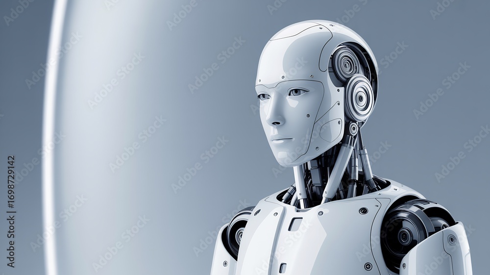 Naklejka premium Closeup portrait of a futuristic humanoid robot with intricate mechanical details and a neutral expression
