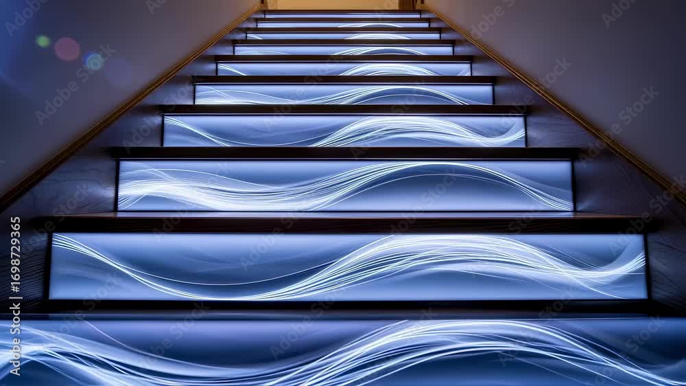 Artistic LED strip lighting patterns on stair risers adding visual ...