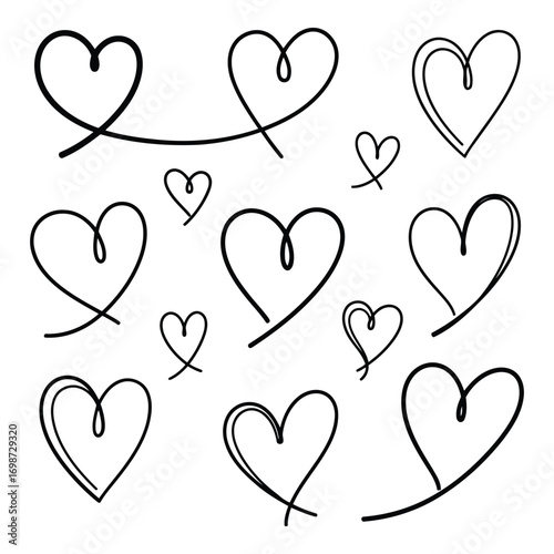 Collection of hand drawn heart shapes simple line art romantic symbols love art vector