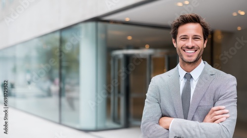 Wallpaper Mural happy business man standing outside a office building Torontodigital.ca