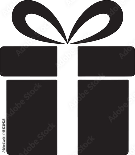 Black vector silhouette of a gift box with a decorative ribbon, a clean and minimalist design ideal for celebrations