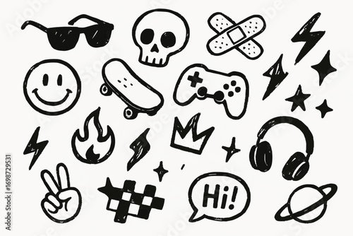 Set of hand-drawn doodle icons in black marker style isolated on white background