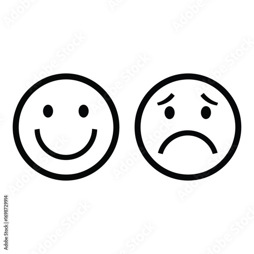 Happy and sad face emoticons contrasting emotions simple line art vector