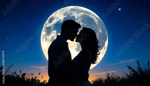 Romantic couple kissing under a full moon