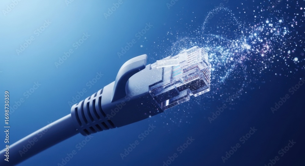 Obraz premium Network cable with data stream, concept of data transfer and fast internet connection