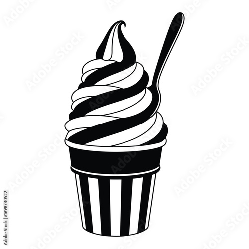 Black and white swirl soft serve ice cream cone with spoon hand-drawn style vector