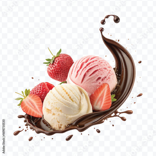 realistic swirling creamy vanilla and strawberry ice cream scoops with chocolate splash isolated on transparent background	