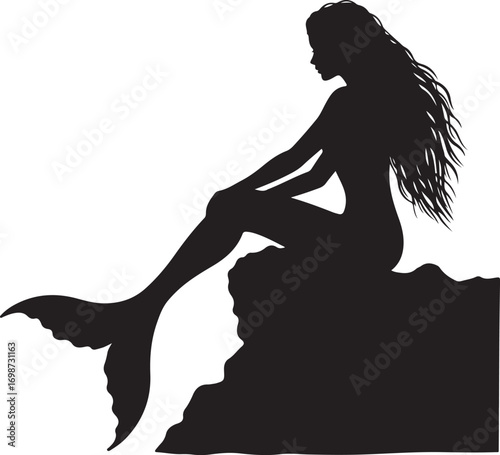 Silhouette of a mermaid sitting on a rock with her tail submerged vector illustration