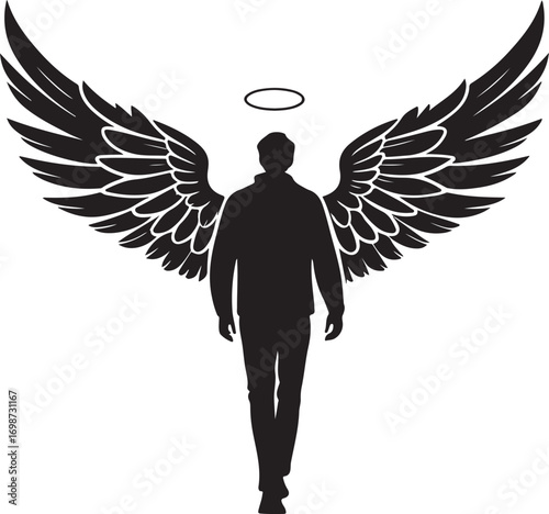 Silhouette of a man with large feathered wings and a halo angel