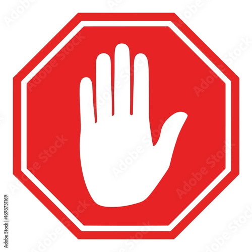 Red stop sign with white hand symbol graphic for warning and safety notifications vector