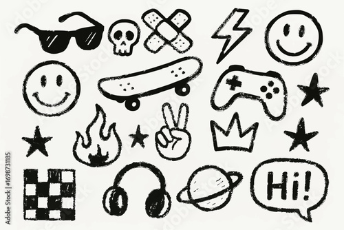 Set of hand-drawn doodle icons in black marker style isolated on white background