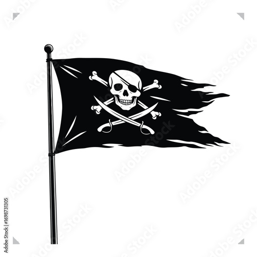Classic pirate flag skull and crossbones torn tattered waving on pole vector