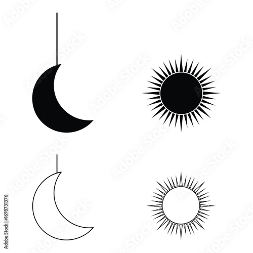 Celestial symbols set moon and sun icons simple black and white icons vector