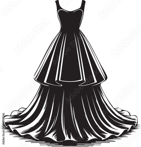 Black layered ball gown with full skirt and intricate detailing on white dress