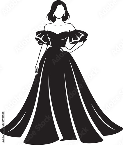 Black silhouette of a woman in a voluminous off-the-shoulder ball gown Keywords: silhouette, woman