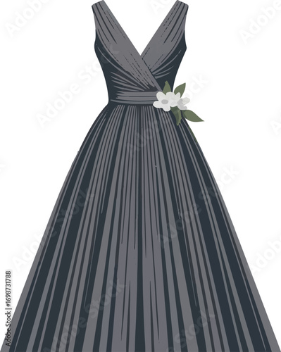 Dark Grey Evening Dress with Pleated Bodice and Floral Accent evening gown formal wear