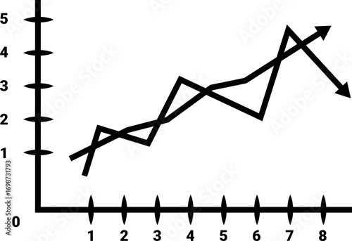 Line graph showing an upward trend with a final downward arrow in black and white illustration style