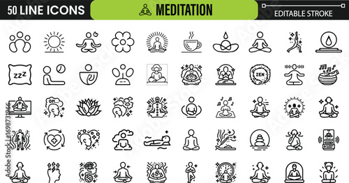 Meditation & Mindfulness Line Icons Set | Yoga, Wellness & Relaxation