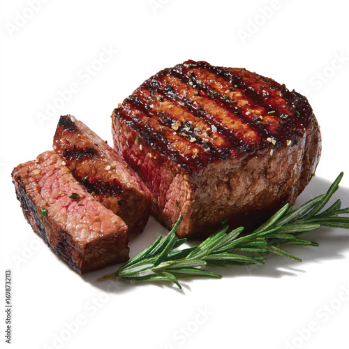 Delicious grilled filet mignon steak with rosemary sprig showing medium rare center on a white background ready to serve