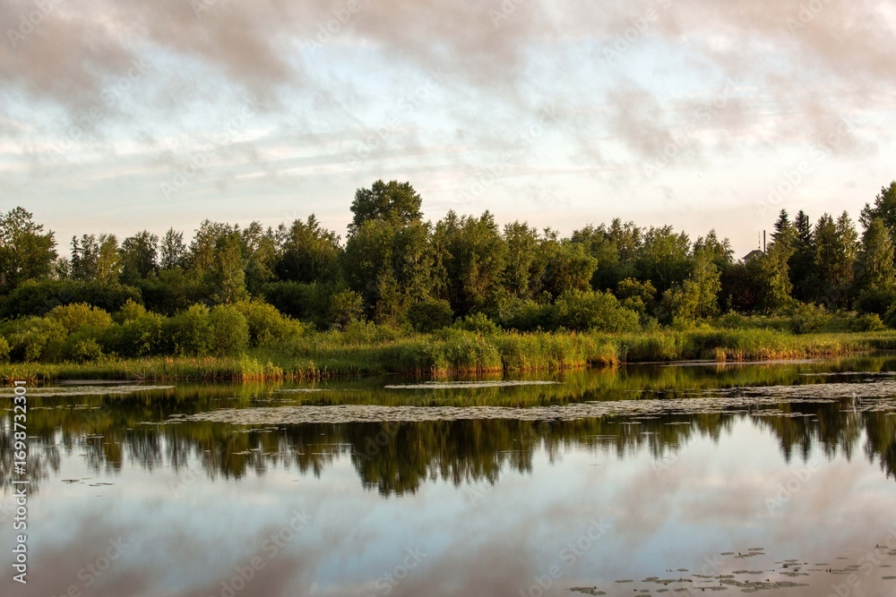Obraz premium Beautiful summer lake at sunset. Lush greenery, reflection, clouds in the sky.