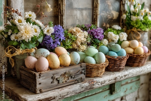 Colorful Decorative Eggs Displayed in Woven Baskets by Vintage Windows With F...