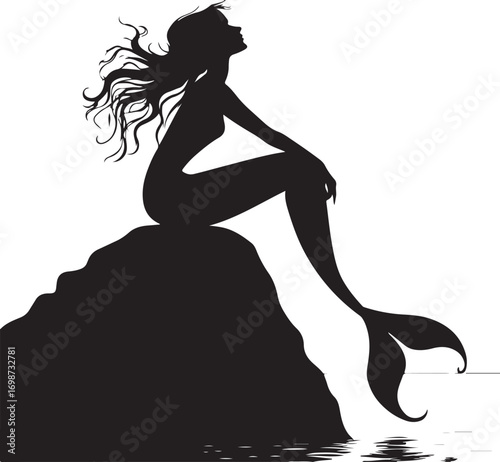 Silhouette of a mermaid with flowing hair sitting on a rock by the water tail
