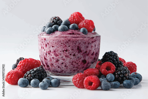 Delicious mixed berry smoothie bowl with fresh blueberries raspberries and blackberries served in a glass isolated on white