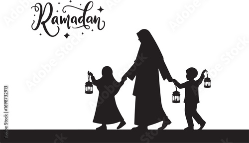 Silhouette of a mother and two children walking with Ramadan lanterns islamic holiday