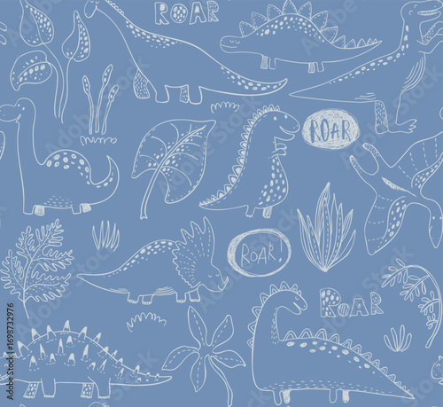Seamless Dino pattern, print for T-shirts, textiles, wrapping paper, web. Original design with t-rex,dinosaur. grunge design for boys .
