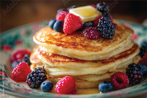 Delicious pancake stack with fresh berries and butter a perfect breakfast or brunch indulgence