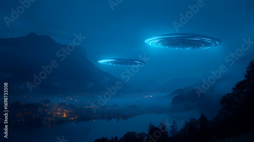 Fototapeta Naklejka Na Ścianę i Meble -  Ufo sighting over mountain lake at night extraterrestrial phenomenon alien invasion flying saucers mystery