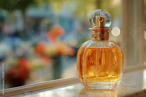 Elegant Vintage Perfume Bottle Displayed Near a Sunlit Window With a Blurred ...