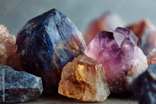 Colorful Crystals and Gemstones Displaying Intricate Patterns and Vibrant Hue...