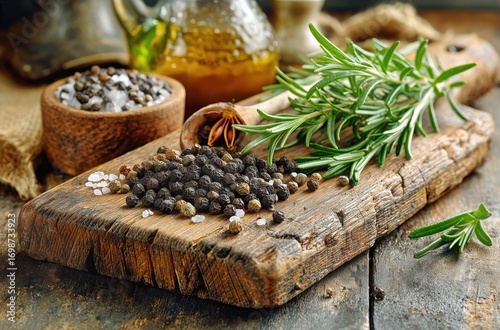 Fresh Herbs and Spices Arranged on a Rustic Wooden Board for Cooking Preparation