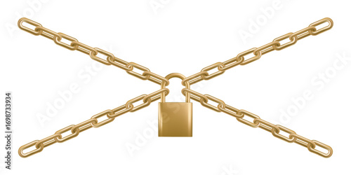3d straight golden chain, locked by padlock. Website closed icon, blocked hyperlink. X shaped unavailable link, strong security protection. Repeated rings connect to hold credit card, secret password