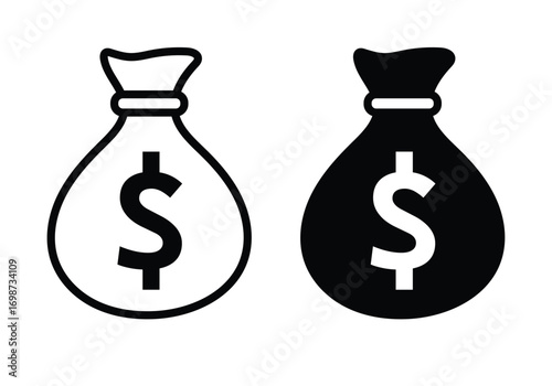 Money Bag Icon Set: Black and white dollar cash bag vector symbols for finance, banking, savings, investment, and business design.