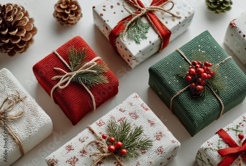Beautifully Wrapped Holiday Gifts Arranged on a Light Surface With Festive De...