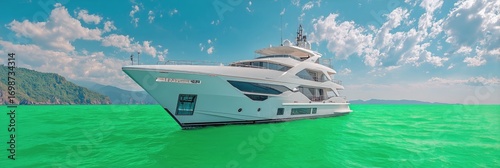 Luxury Yacht Anchored in Clear Turquoise Waters Under a Sunny Sky Near a Scen...