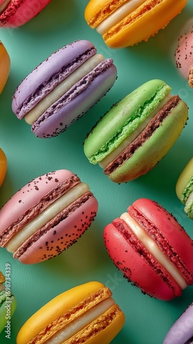 Colorful Macarons Displayed on a Green Background With Various Flavors and To...