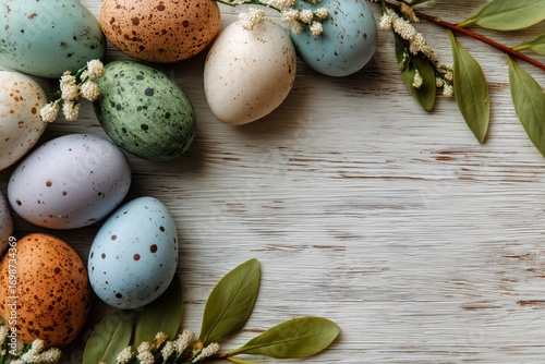 Colorful Speckled Easter Eggs Arranged With Leaves on Rustic Wooden Background.