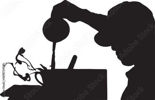 Silhouette of a person pouring liquid into a cup with steam rising vector illustration
