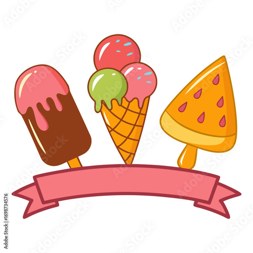 Cute Ice Cream and Popsicles with Ribbon Banner