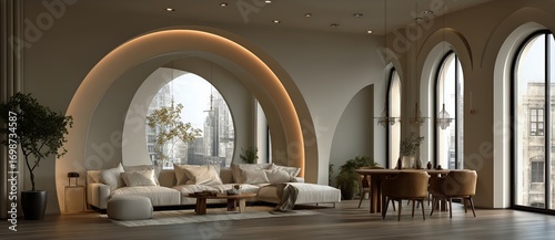 Elegant Modern Interior Design Featuring Arches and Large Windows in a Spacio...