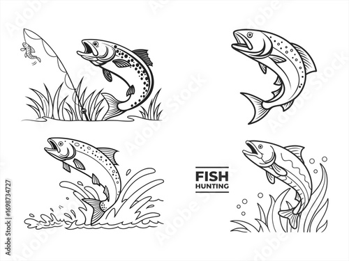 coloring page line art the fish hunting black vector bundle